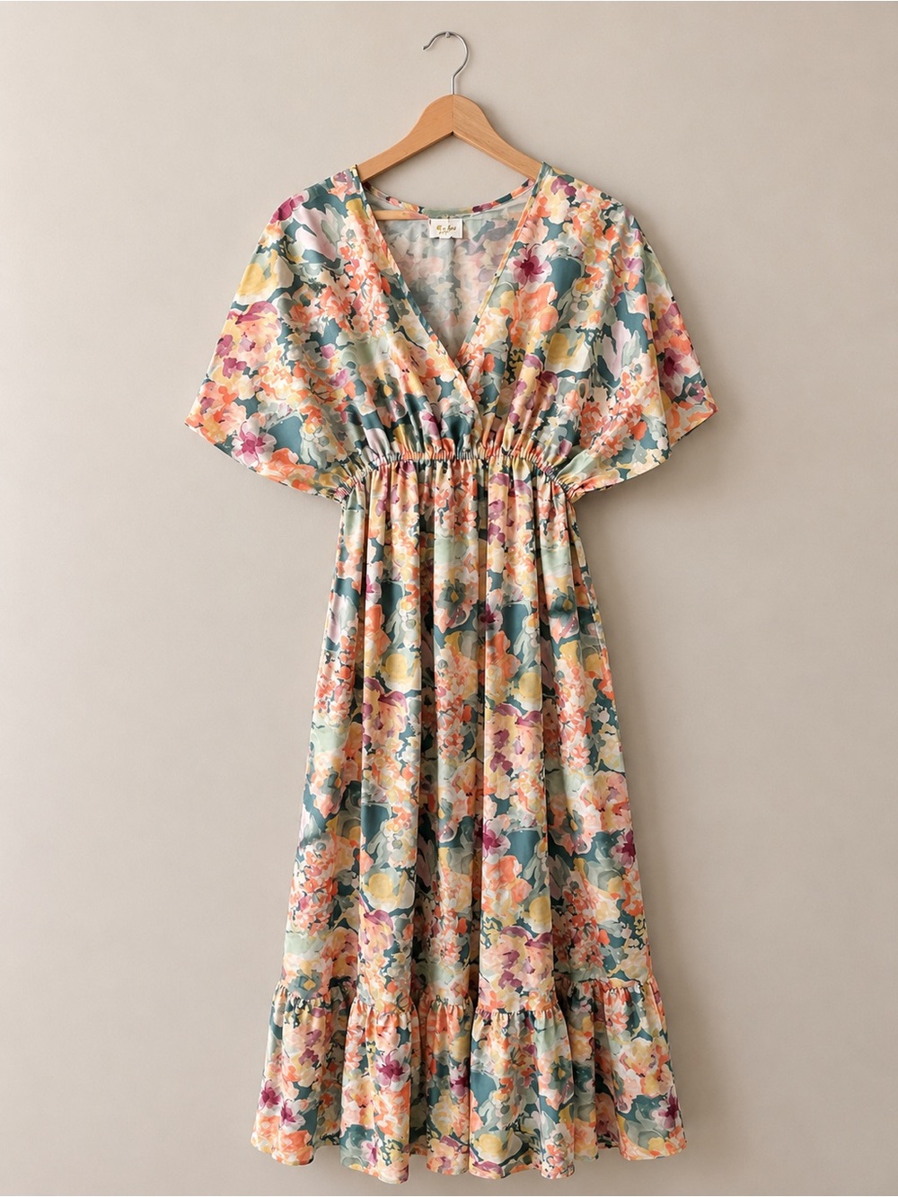 World Market Mira Orange & Teal Watercolor Floral Kaftan Maxi Dress S/M